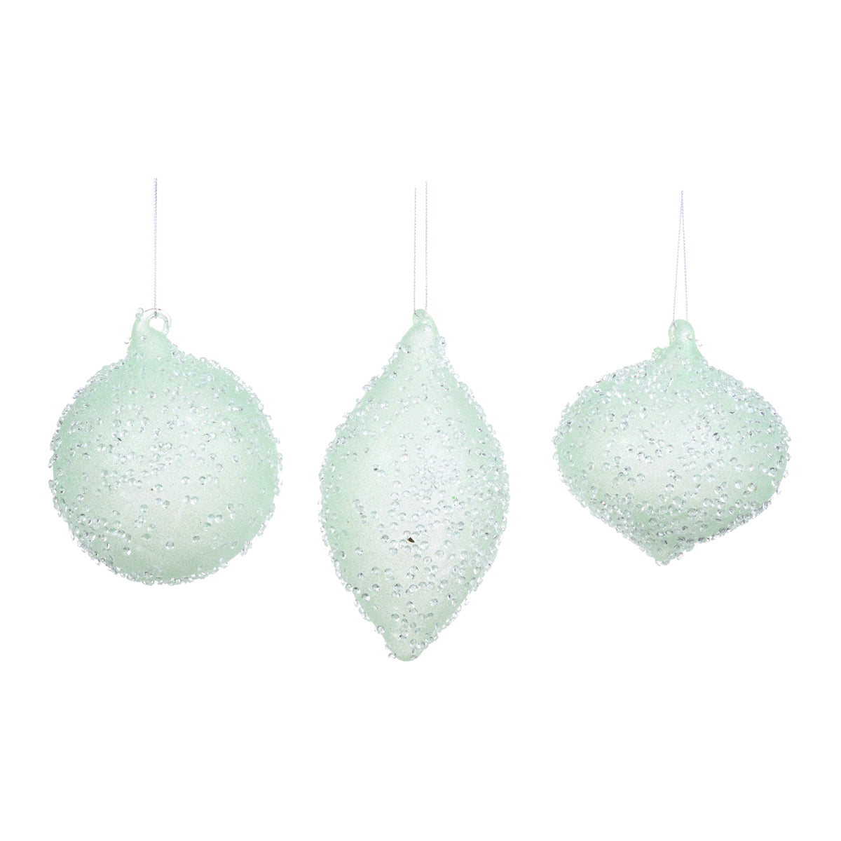Set 3 globuri și ornamente alungite din sticlă acoperite cu pietre, verde deschis, 10 cm