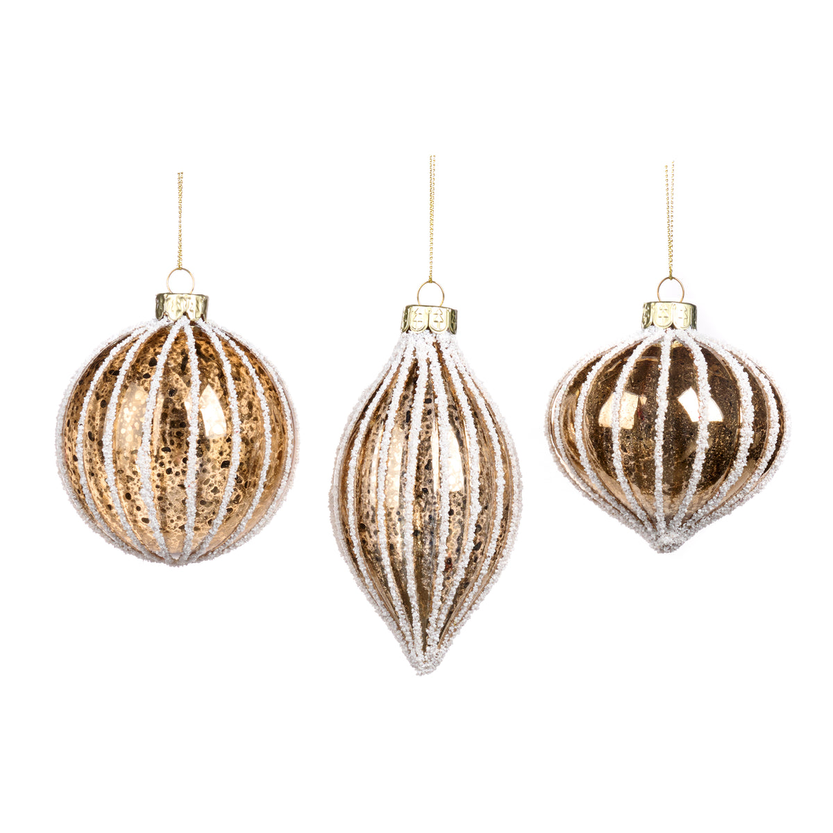 Set 3 globuri și ornamente alungite din sticlă antichizată cu dungi, auriu/alb, 8 cm