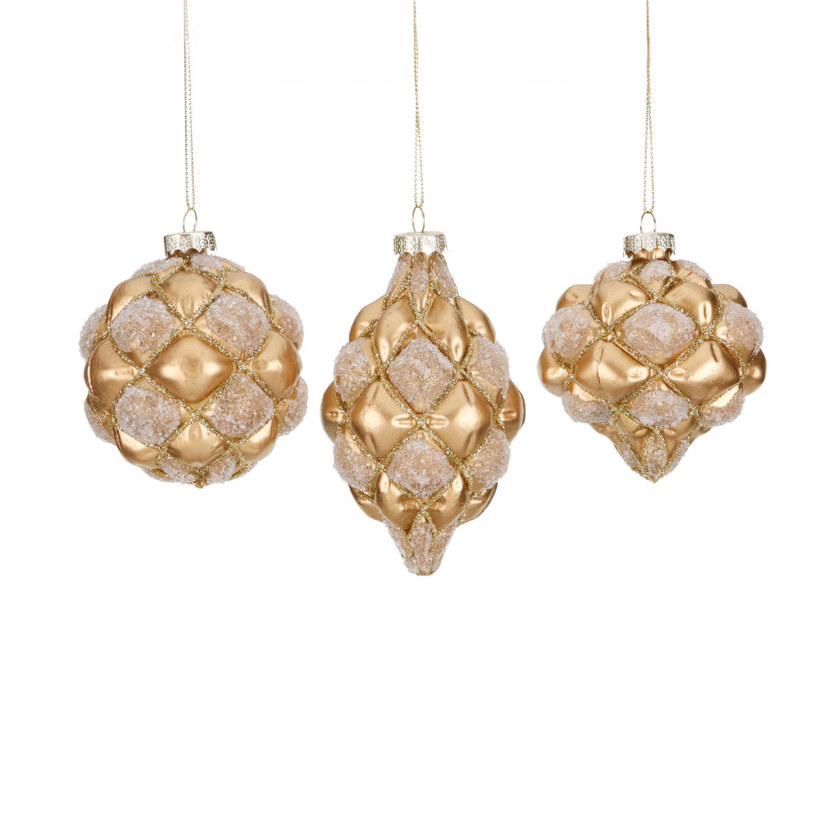 Set 3 globuri și ornamente alungite din sticlă antichizată cu plasă 3D, auriu, 8 cm