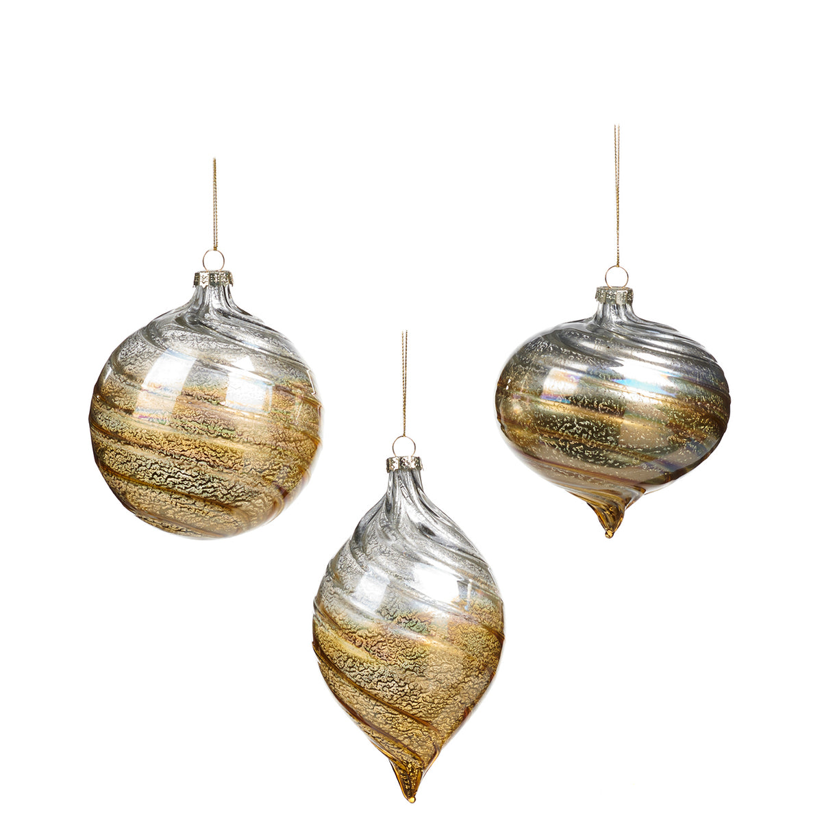 Set 3 globuri și ornamente alungite din sticlă antichizată degrade cu spirale, șampanie, 10 cm