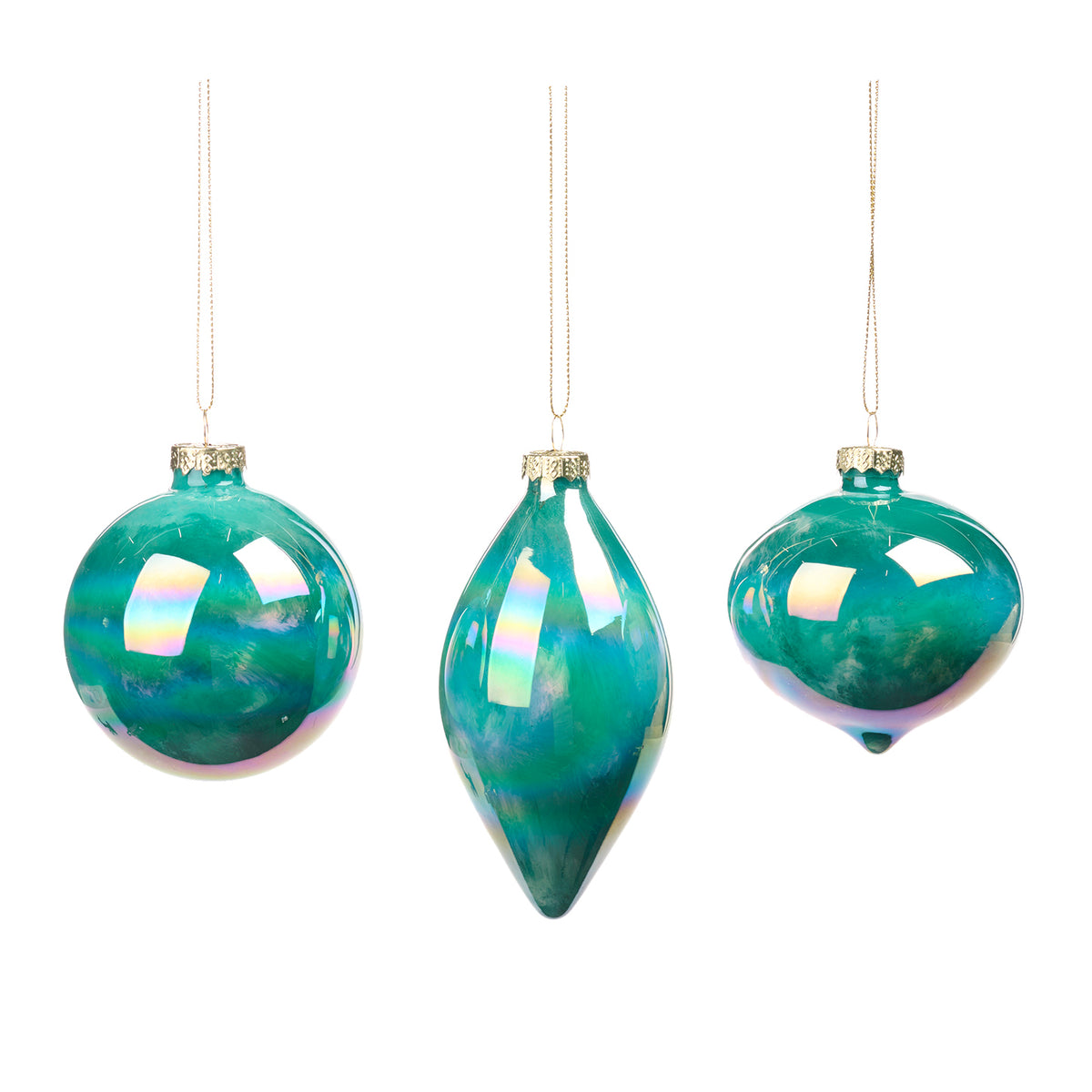 Set 3 globuri și ornamente alungite din sticlă cu aspect de marmură, verde/albastru, 8 cm