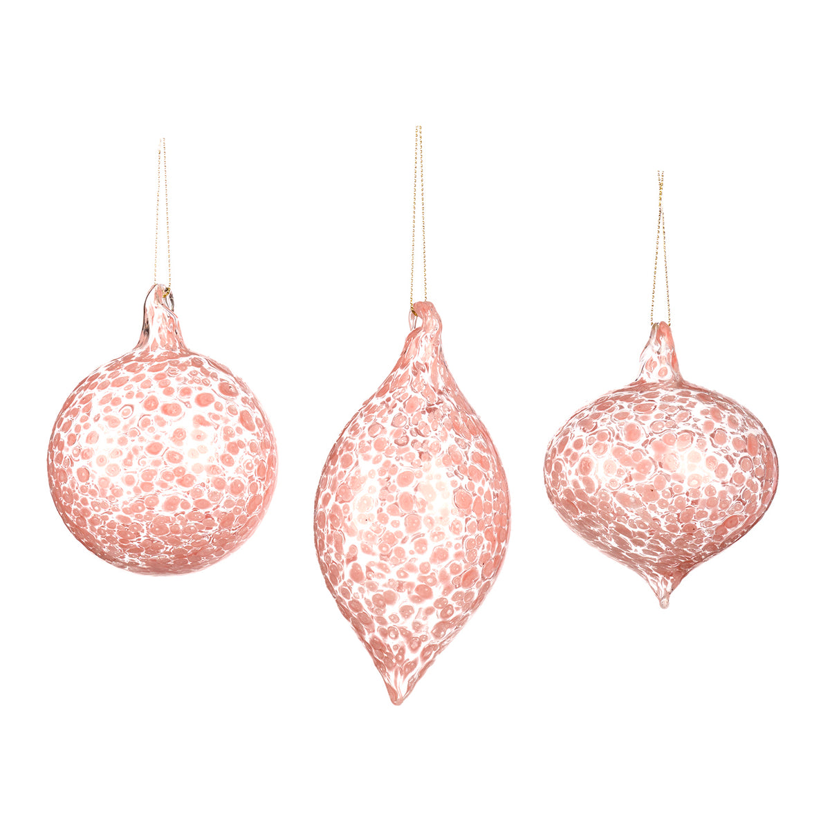 Set 3 globuri și ornamente alungite din sticlă cu buline, roz/transparent, 8 cm