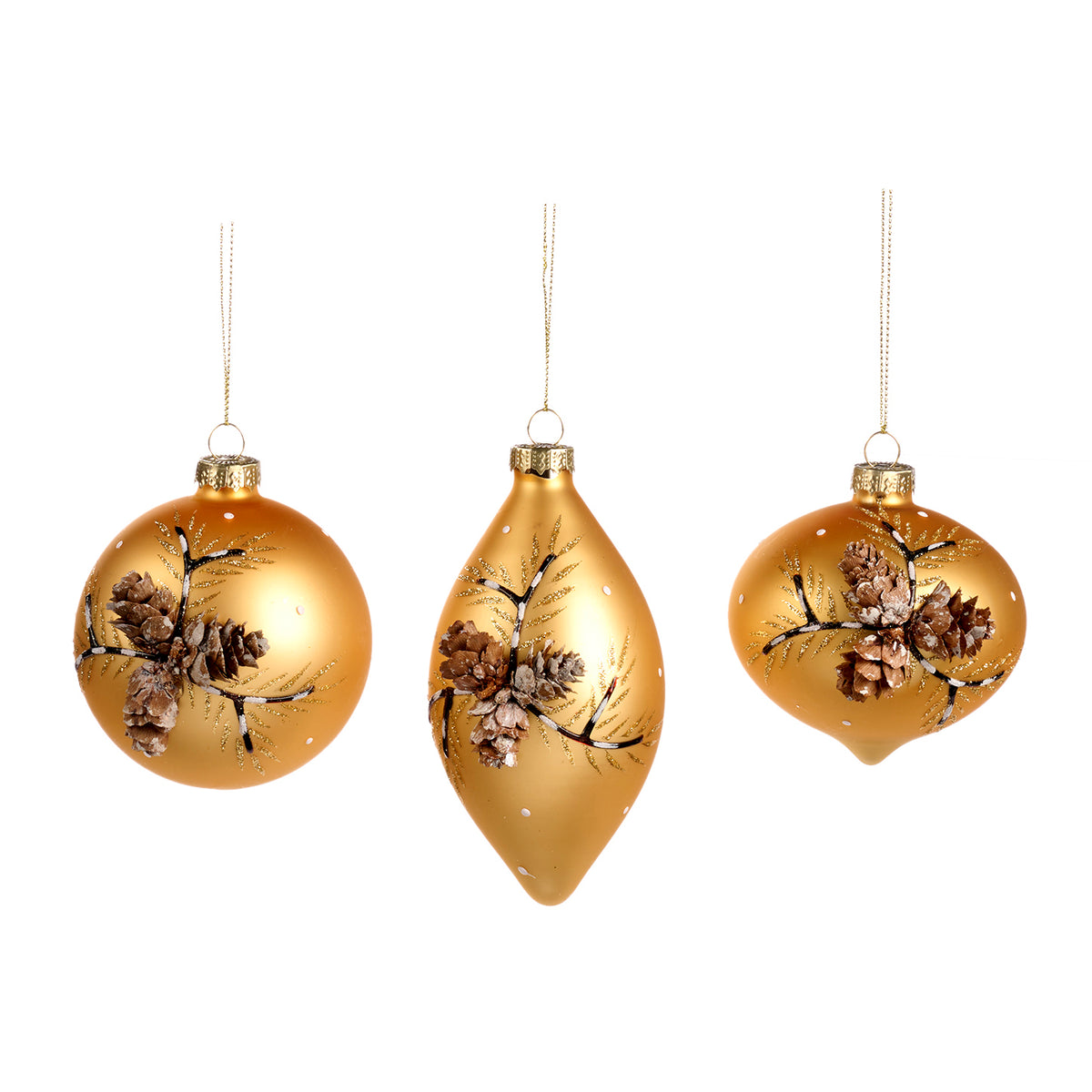 Set 3 globuri și ornamente alungite din sticlă cu conuri 3D, auriu, 8 cm
