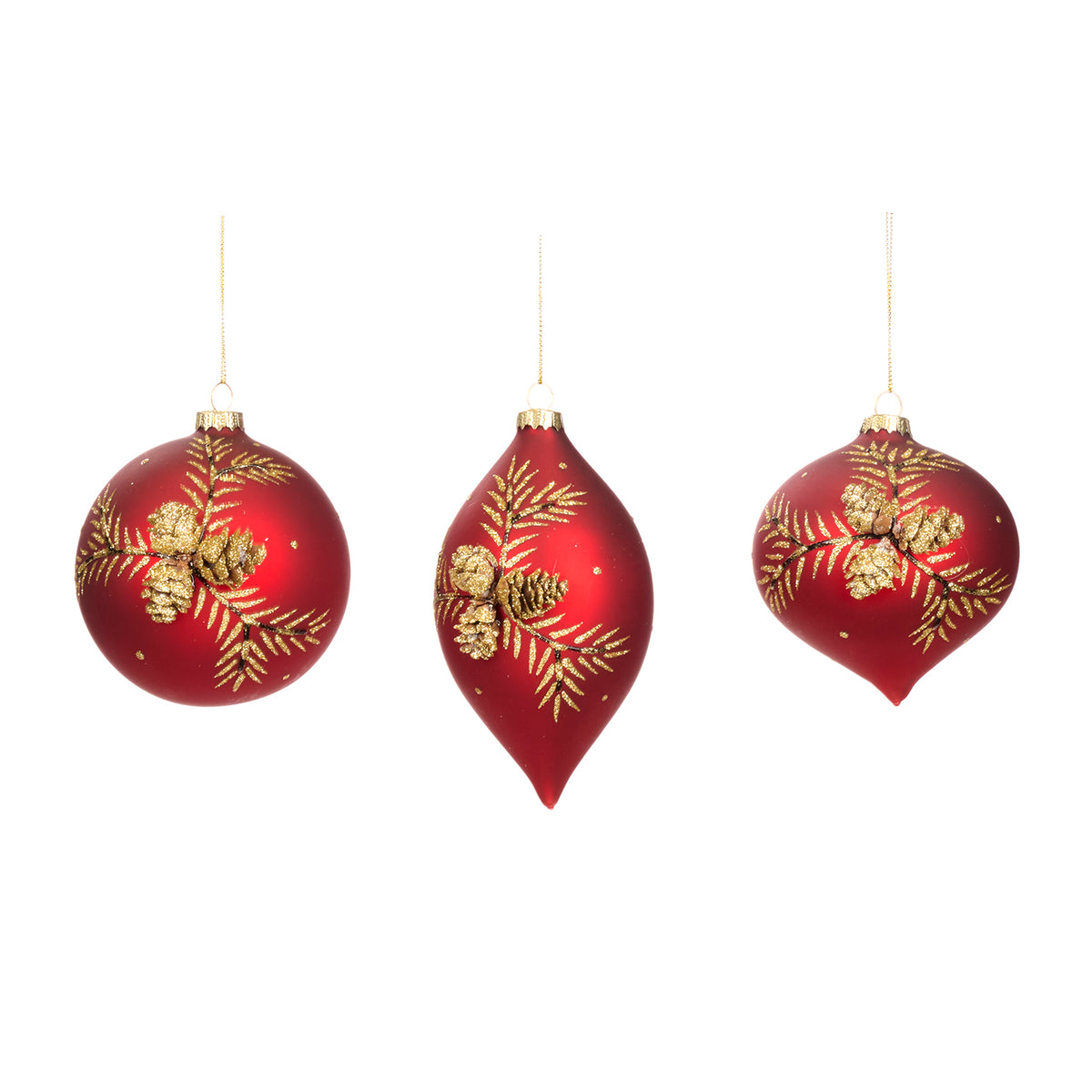 Set 3 globuri și ornamente alungite din sticlă cu conuri 3D, roșu/auriu, 10 cm