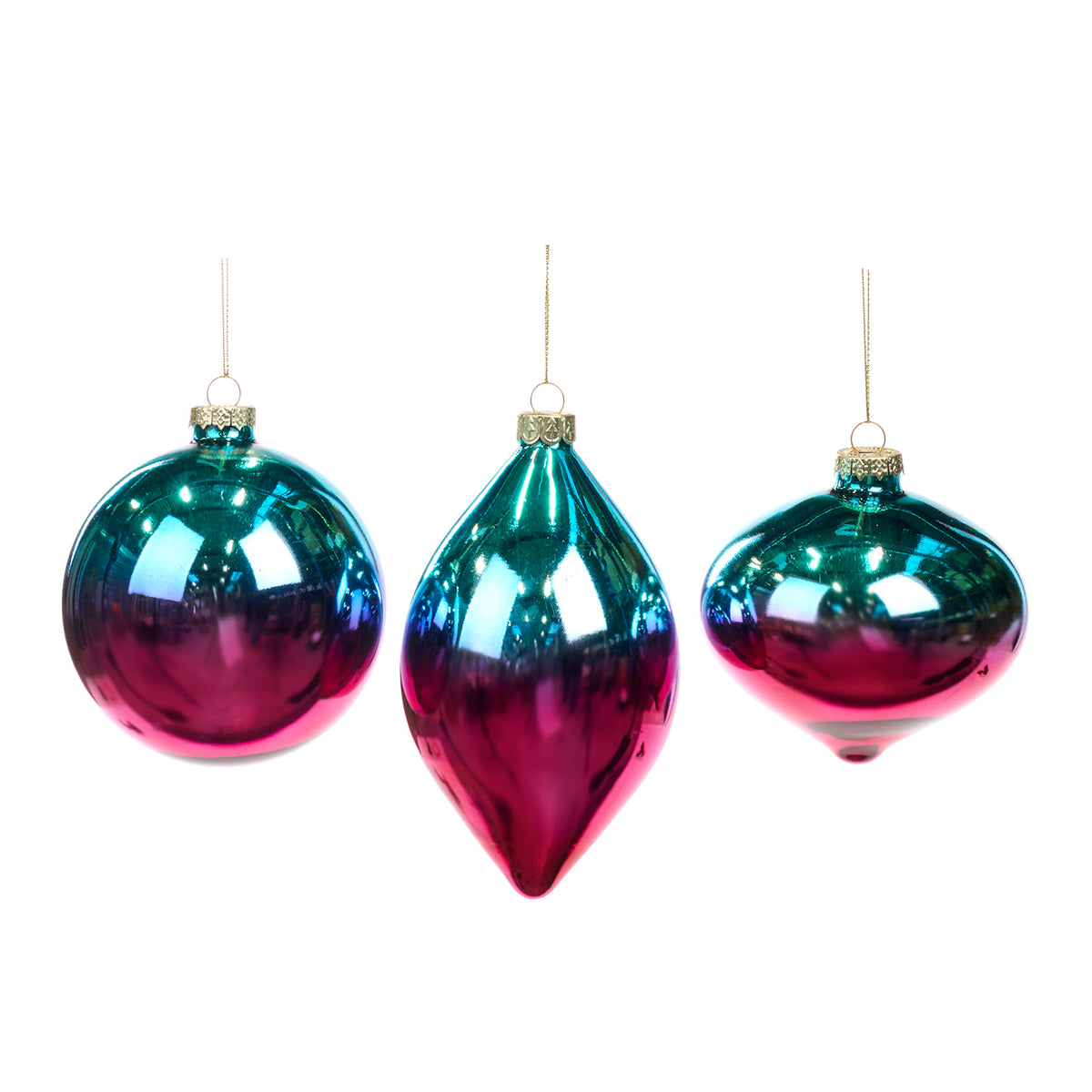 Set 3 globuri și ornamente alungite din sticlă cu degrade, albastru/roșu, 10 cm