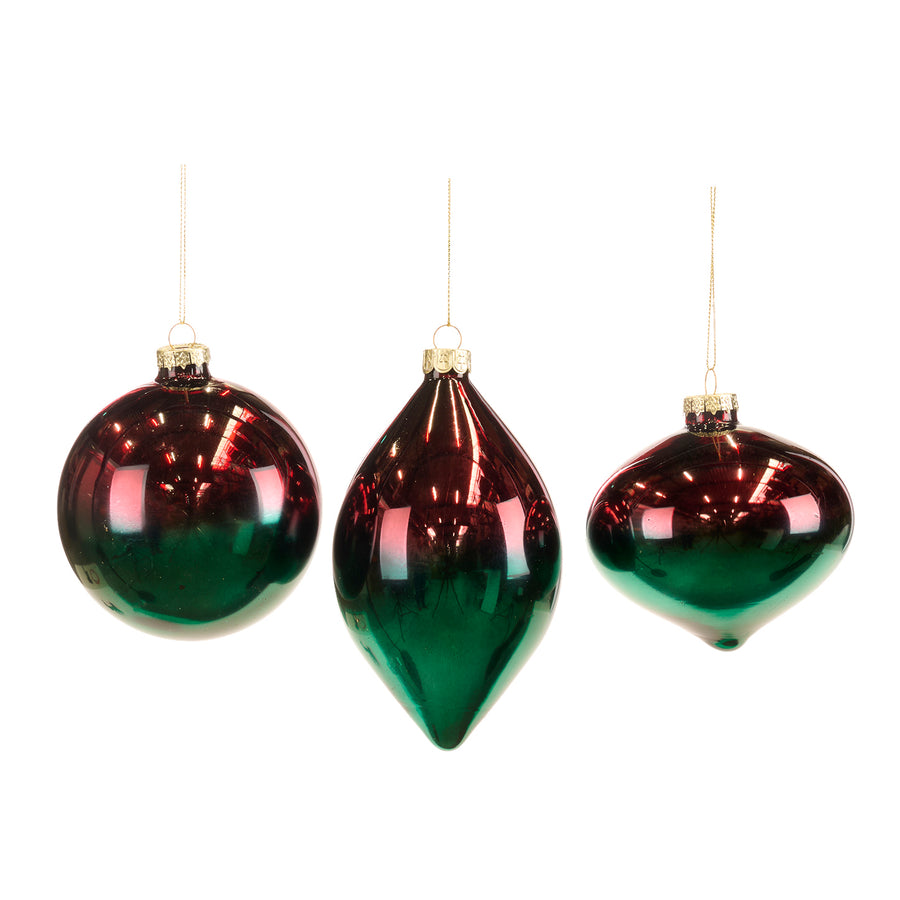 Set 3 globuri și ornamente alungite din sticlă cu degrade, roșu/verde, 10 cm