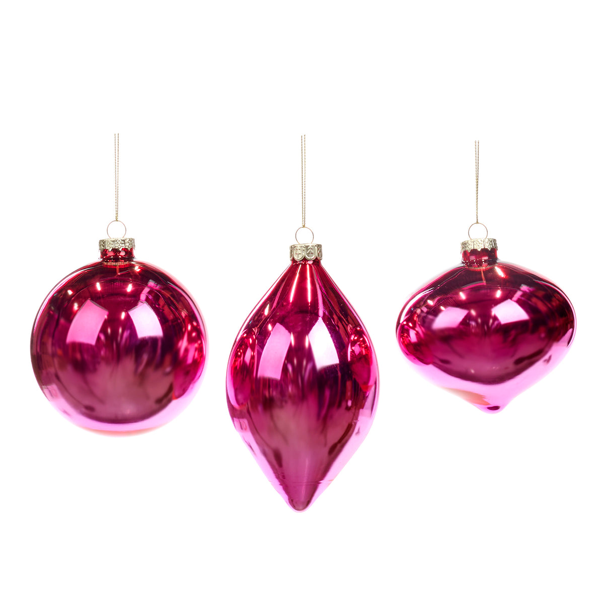 Set 3 globuri și ornamente alungite din sticlă cu degrade, roz, 10 cm