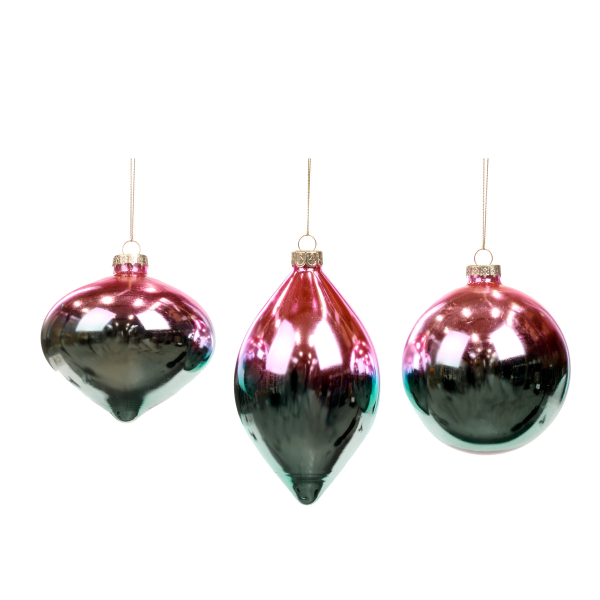 Set 3 globuri și ornamente alungite din sticlă cu degrade, roz/verde, 10 cm