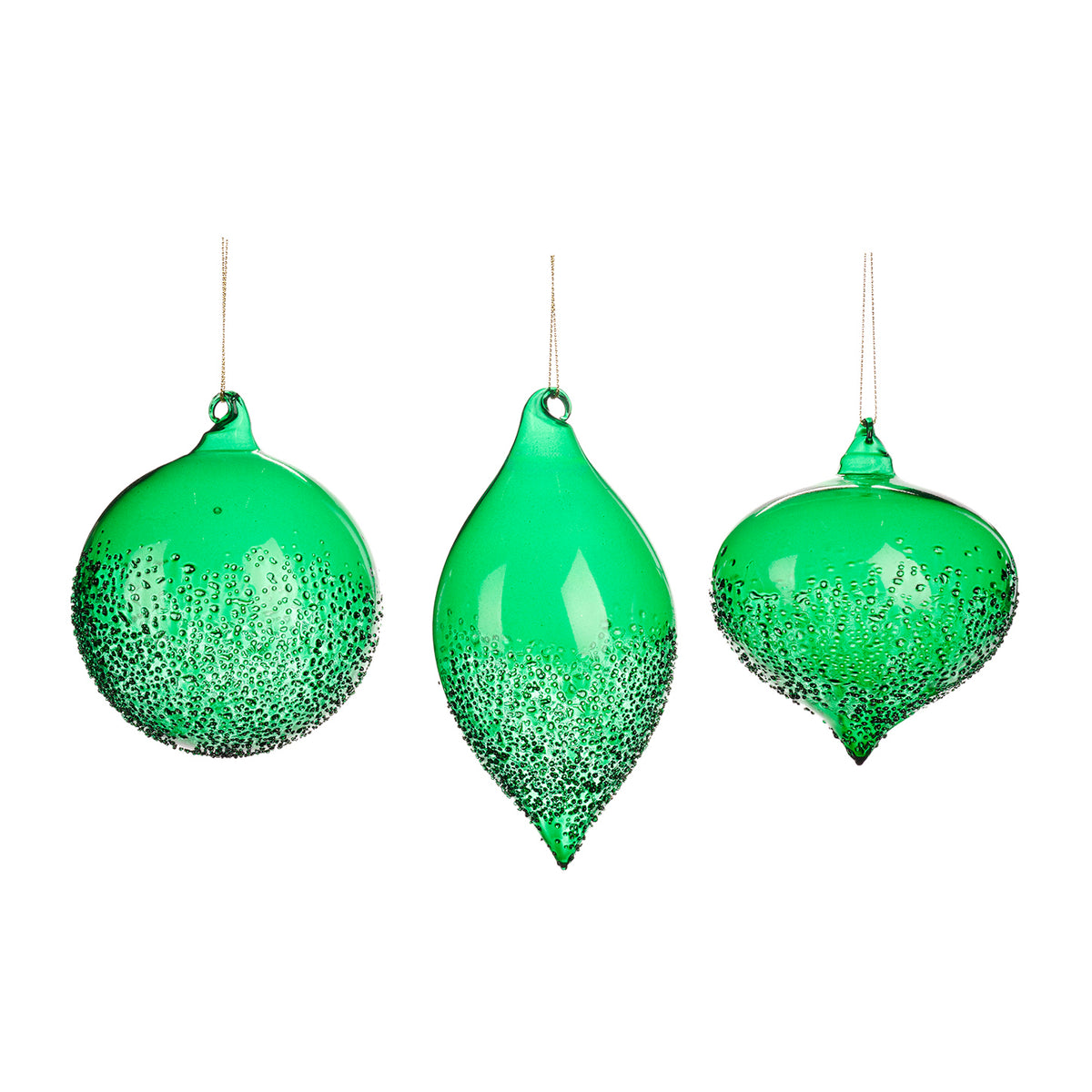 Set 3 globuri și ornamente alungite din sticlă cu efect crush în partea de jos, verde, 10 cm