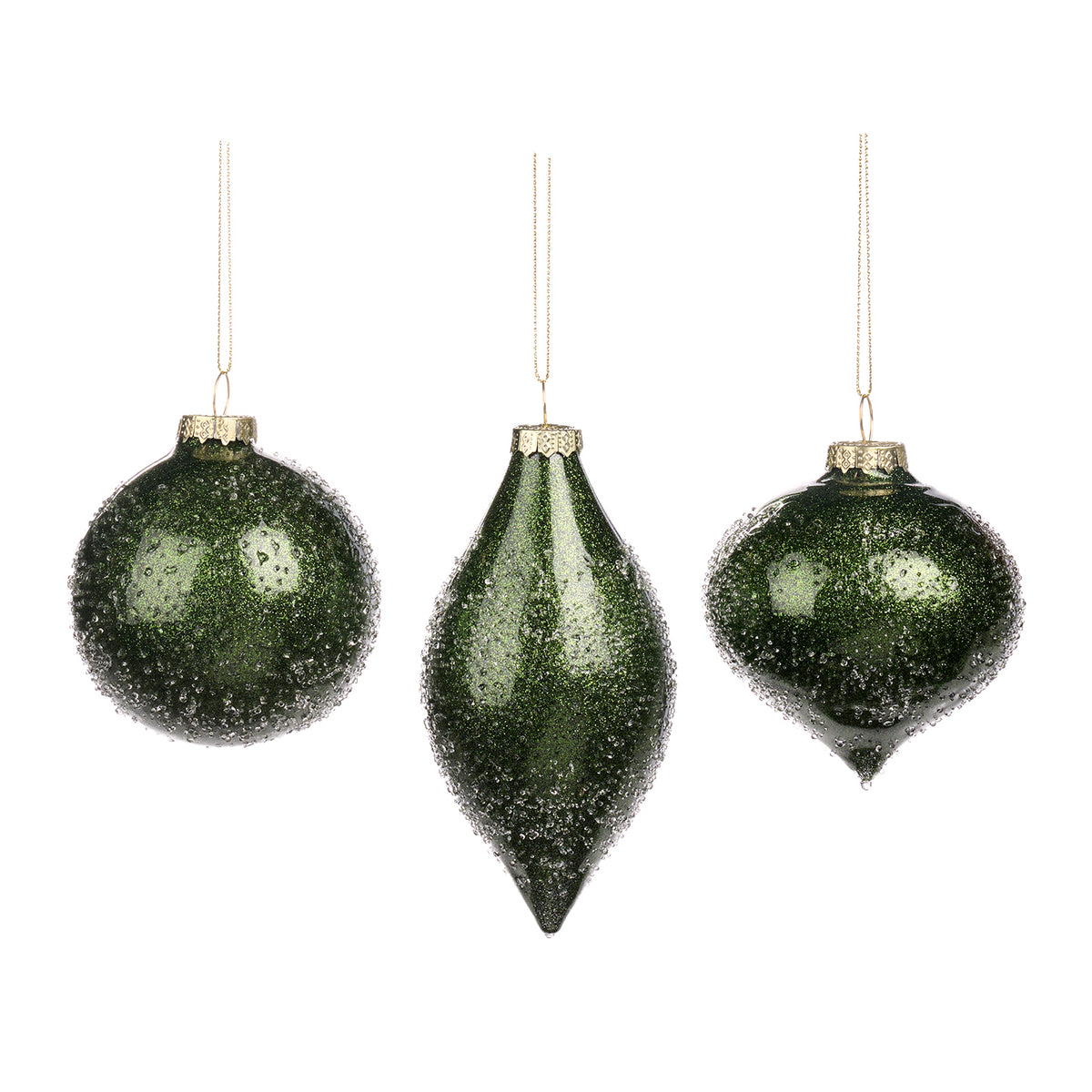 Set 3 globuri și ornamente alungite din sticlă cu efect crush, verde, 8 cm