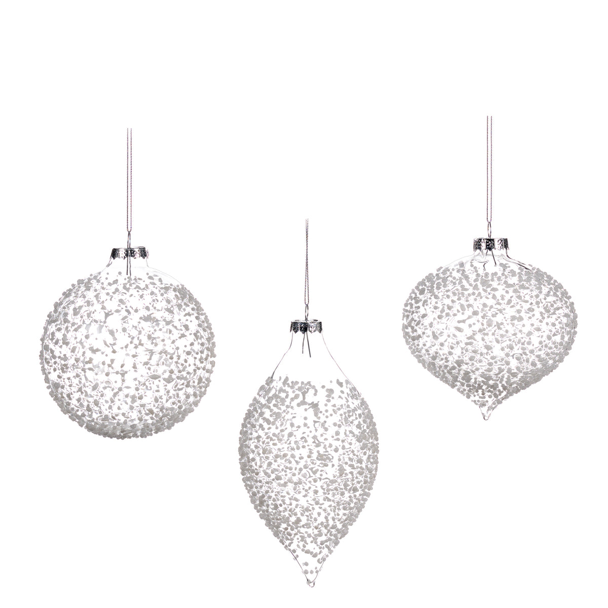 Set 3 globuri și ornamente alungite din sticlă cu efect zdrobit, alb/transparent, 10 cm
