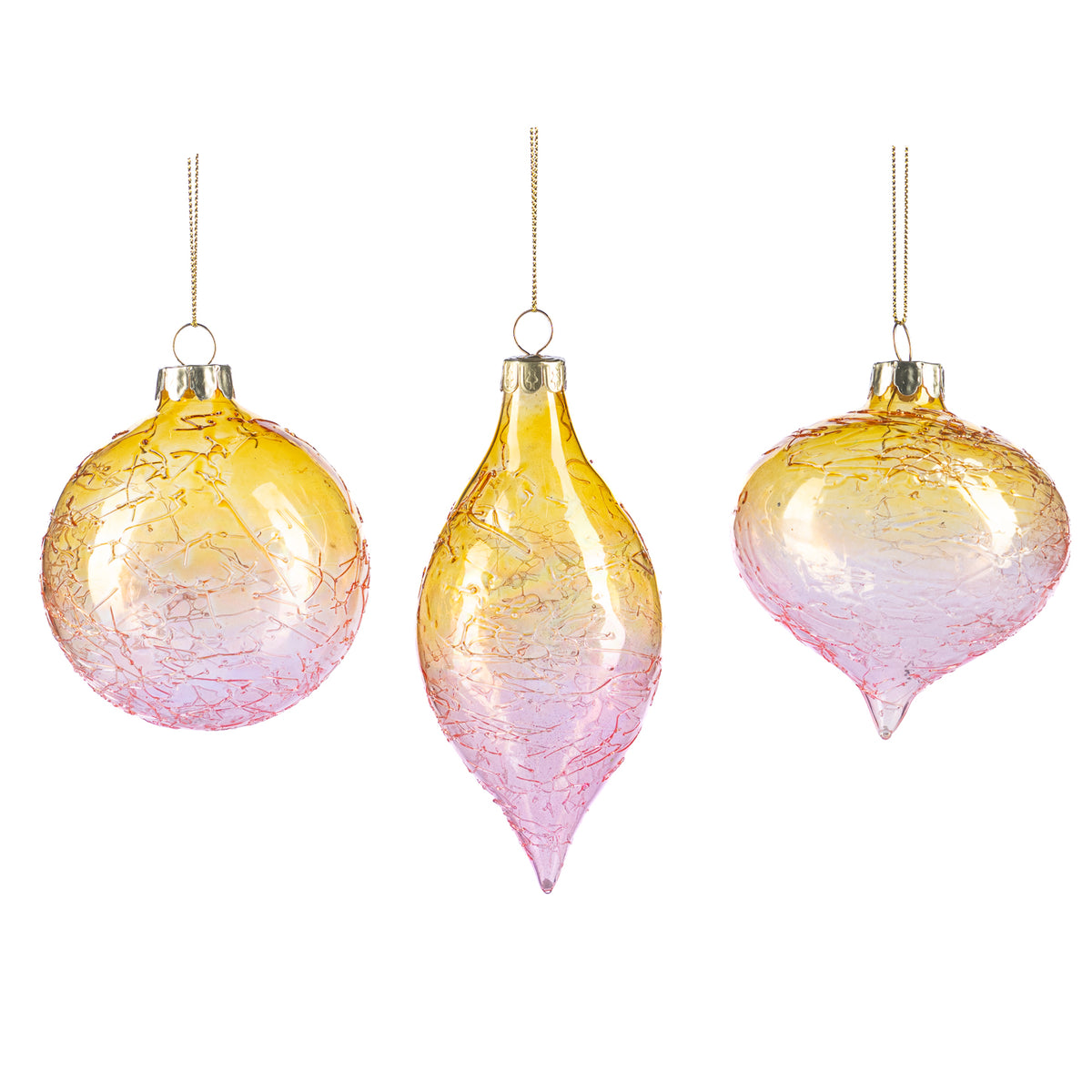 Set 3 globuri și ornamente alungite din sticlă cu fire în degrade, galben/roz, 8 cm