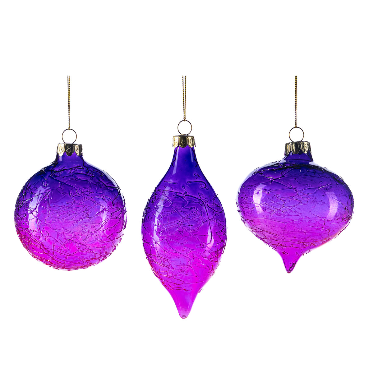 Set 3 globuri și ornamente alungite din sticlă cu fire în degrade, mov/roz, 8 cm