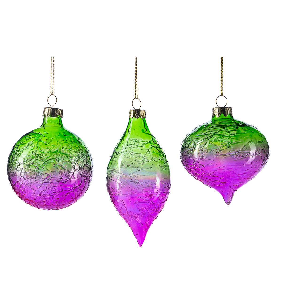 Set 3 globuri și ornamente alungite din sticlă cu fire în degrade, verde/roz, 8 cm