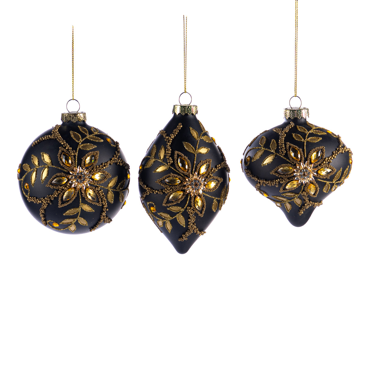 Set 3 globuri și ornamente alungite din sticlă, cu floare și pietre, negru/auriu, 11,5 cm