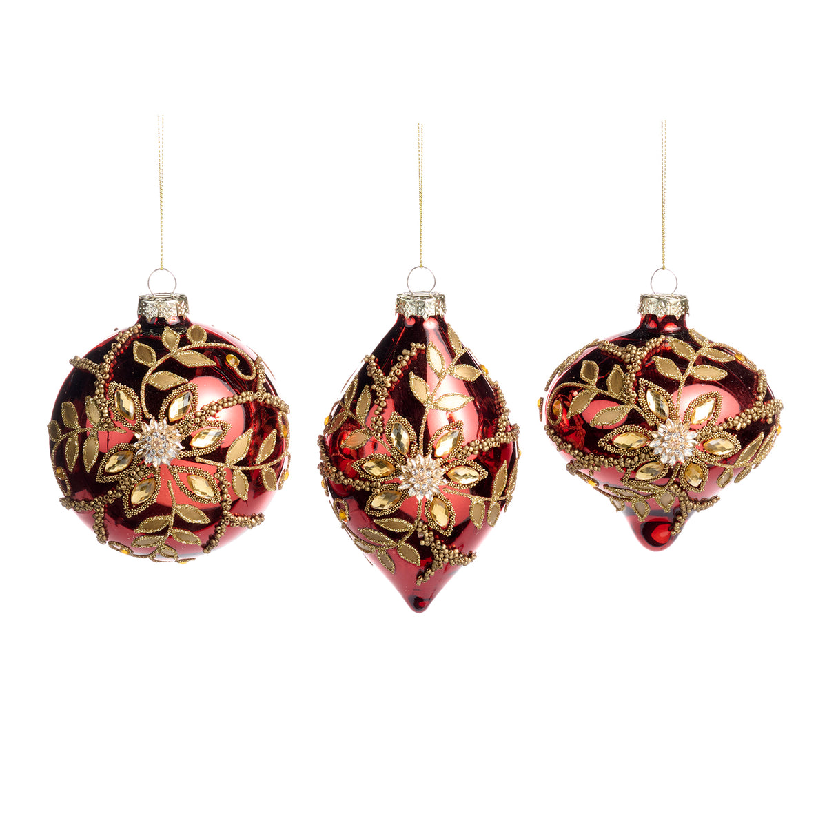 Set 3 globuri și ornamente alungite din sticlă cu floare și pietre, roșu/auriu, 10 cm