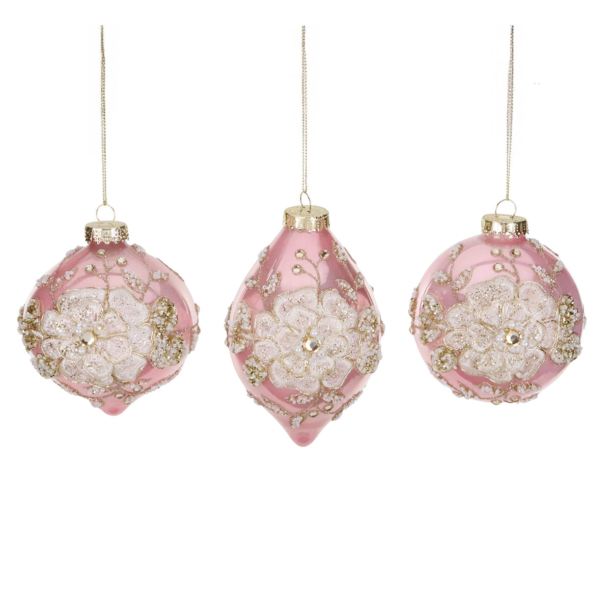 Set 3 globuri și ornamente alungite din sticlă cu flori 3D din dantelă, roz/crem, 10 cm