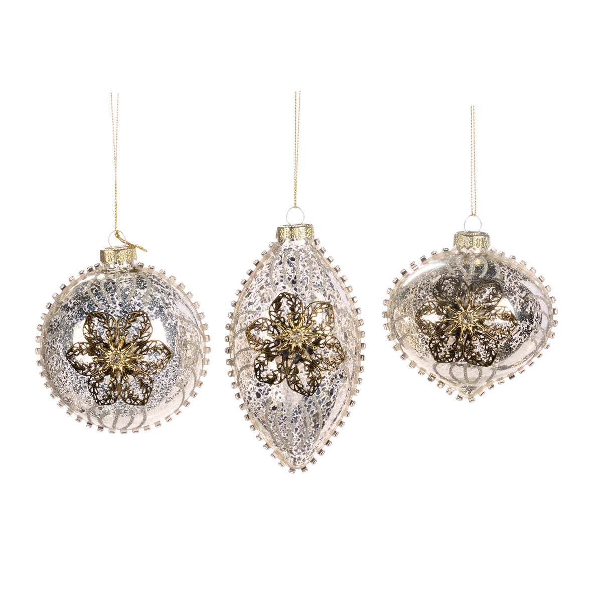 Set 3 globuri și ornamente alungite din sticlă cu flori 3D din metal, argintiu, 8 cm