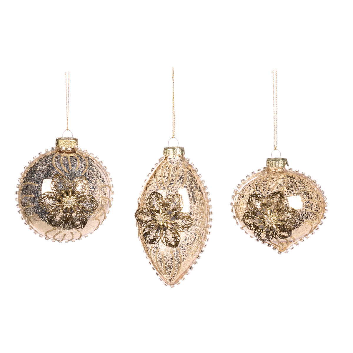 Set 3 globuri și ornamente alungite din sticlă cu flori 3D din metal, auriu, 8 cm (P 27262)