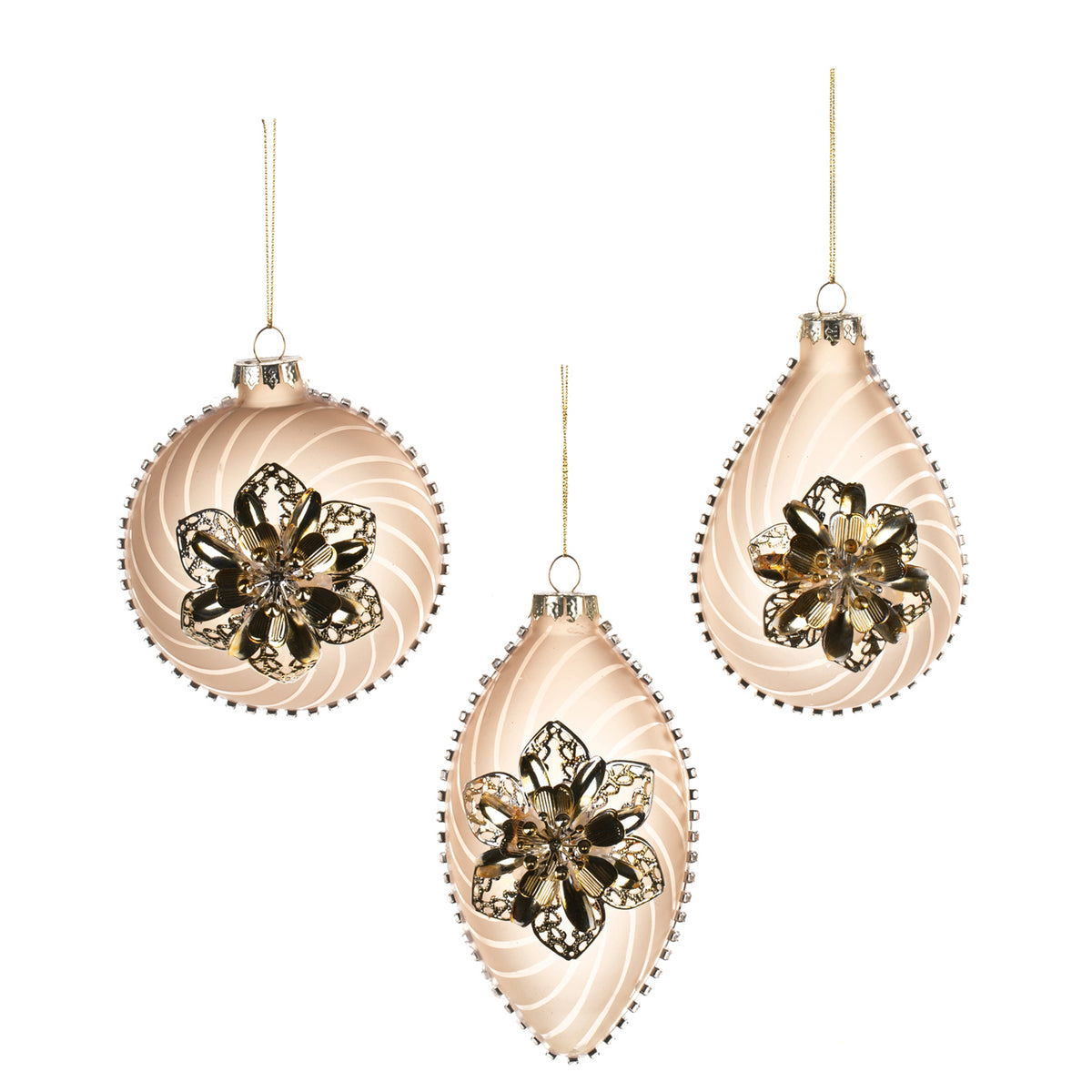 Set 3 globuri și ornamente alungite din sticlă cu flori 3D din metal, auriu, 8 cm (P 31440)