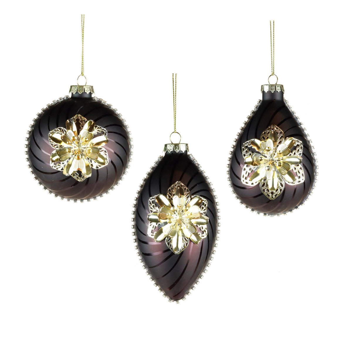 Set 3 globuri și ornamente alungite din sticlă cu flori 3D din metal, burgund, 8 cm