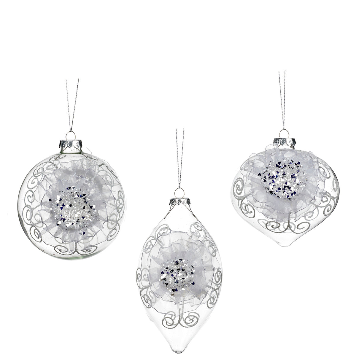 Set 3 globuri și ornamente alungite din sticlă cu flori 3D din textil, alb, 10 cm