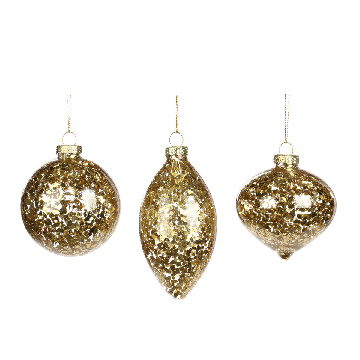 Set 3 globuri și ornamente alungite din sticlă cu folie, auriu/transparent, 8 cm