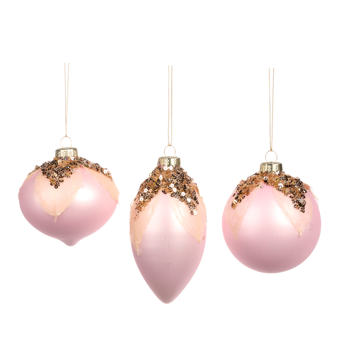 Set 3 globuri și ornamente alungite din sticlă cu frunze din paiete deasupra, roz, 8 cm