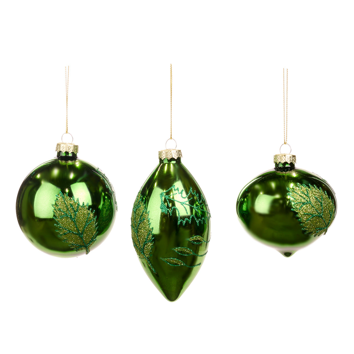 Set 3 globuri și ornamente alungite din sticlă cu frunze și sclipici, verde, 8 cm
