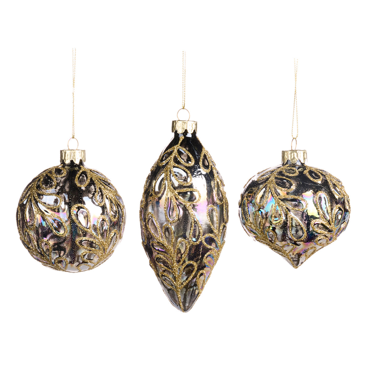 Set 3 globuri și ornamente alungite din sticlă cu frunze și viță, efect de ulei, negru/multicolor, 8 cm