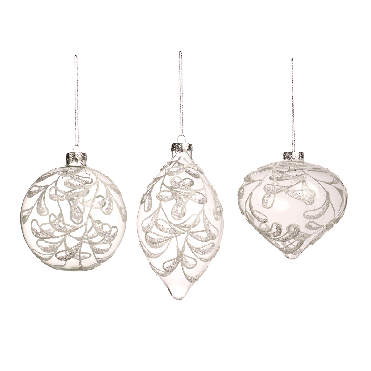 Set 3 globuri și ornamente alungite din sticlă cu frunze și viță, transparent/alb, 10 cm