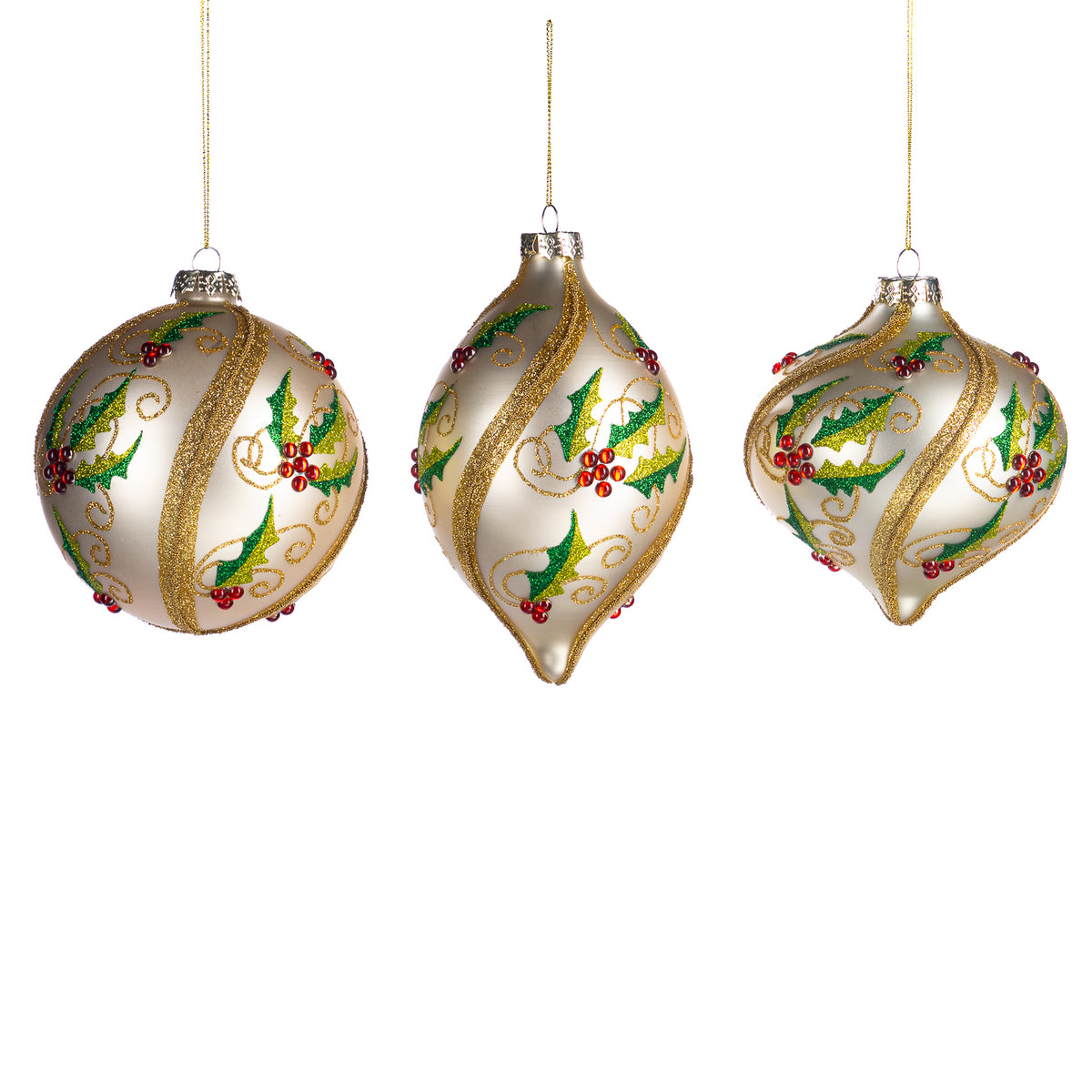 Set 3 globuri și ornamente alungite din sticlă cu ilice, crem/auriu/verde, 13 cm