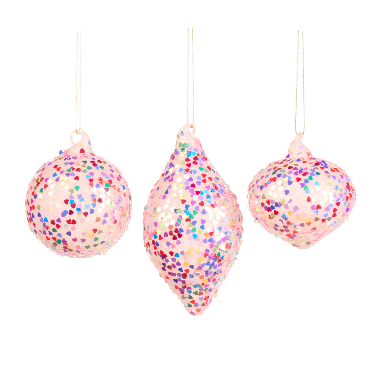 Set 3 globuri și ornamente alungite din sticlă cu inimioare din folie, roz/multicolor, 8 cm