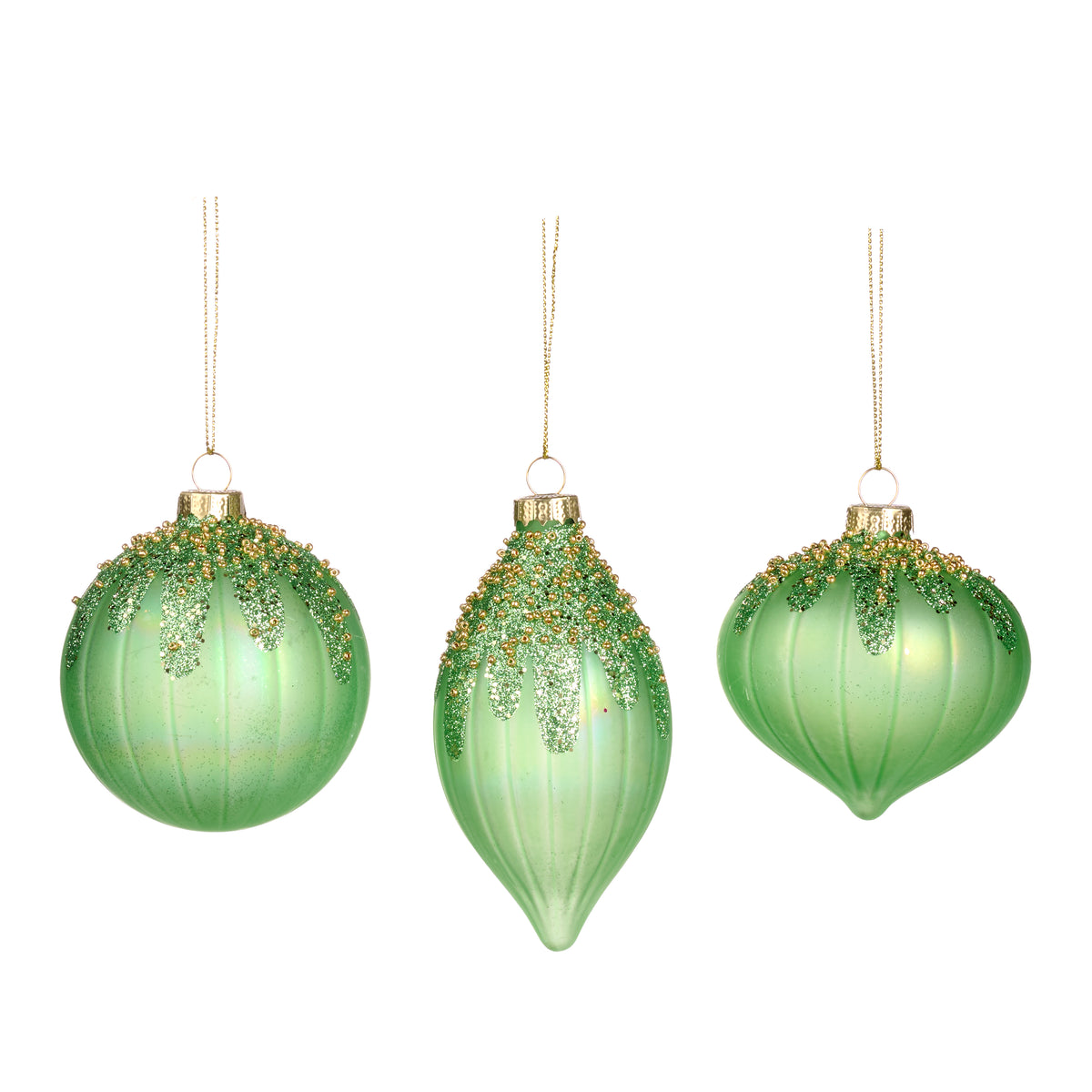Set 3 globuri și ornamente alungite din sticlă cu mărgele și glazură, verde/auriu, 8 cm