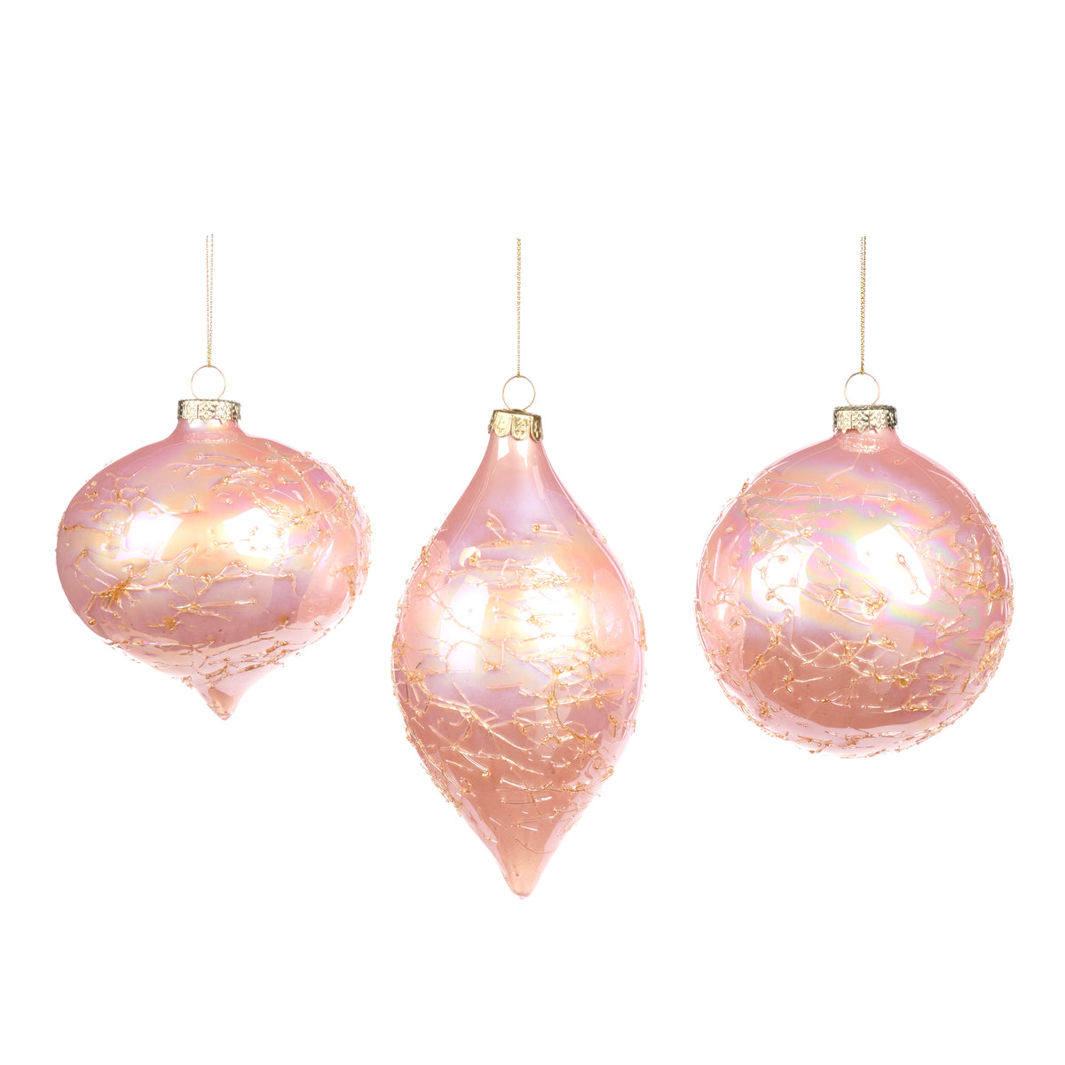 Set 3 globuri și ornamente alungite din sticlă cu model din fire, roz deschis/crem, 10 cm
