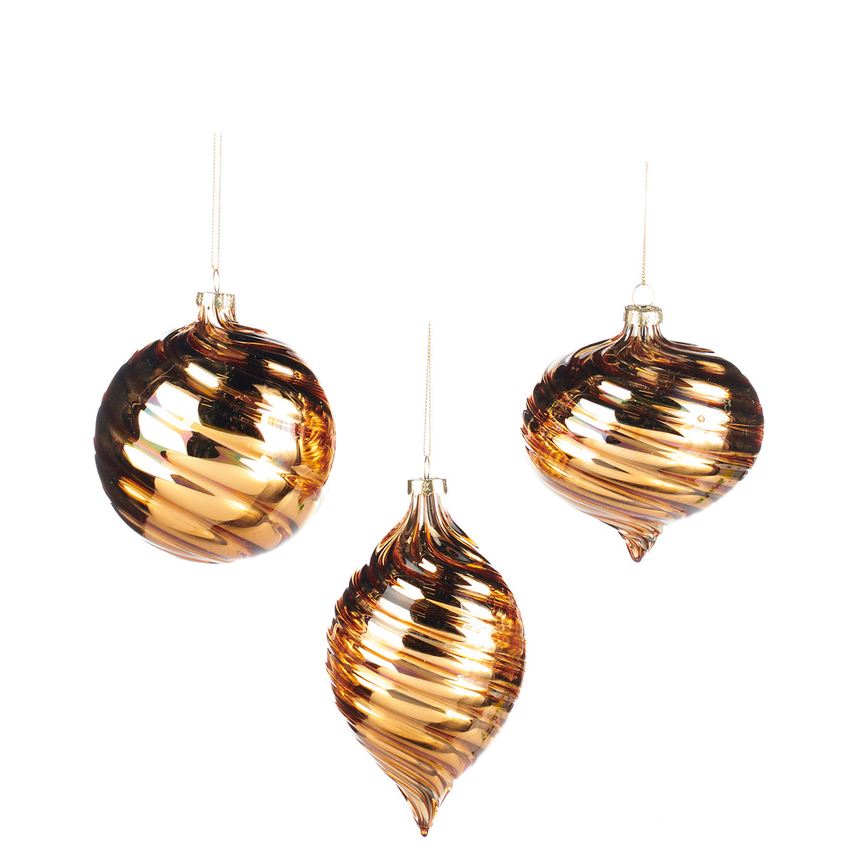 Set 3 globuri și ornamente alungite din sticlă cu model spiralat, auriu, 10 cm