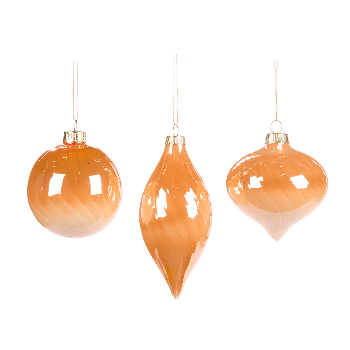 Set 3 globuri și ornamente alungite din sticlă cu model spiralat, auriu/crem/galben, 8 cm