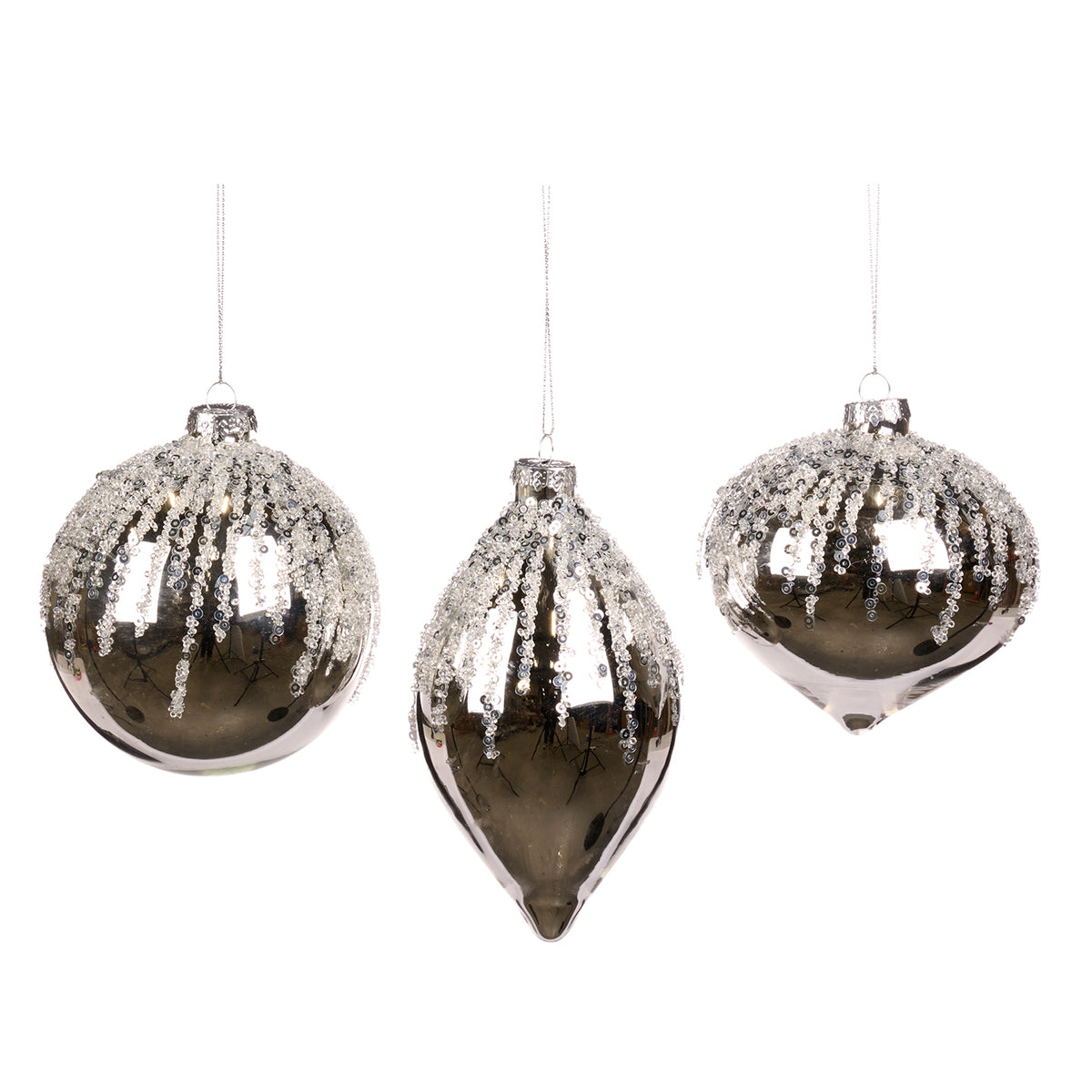Set 3 globuri și ornamente alungite din sticlă cu paiete deasupra, argintiu, 10 cm