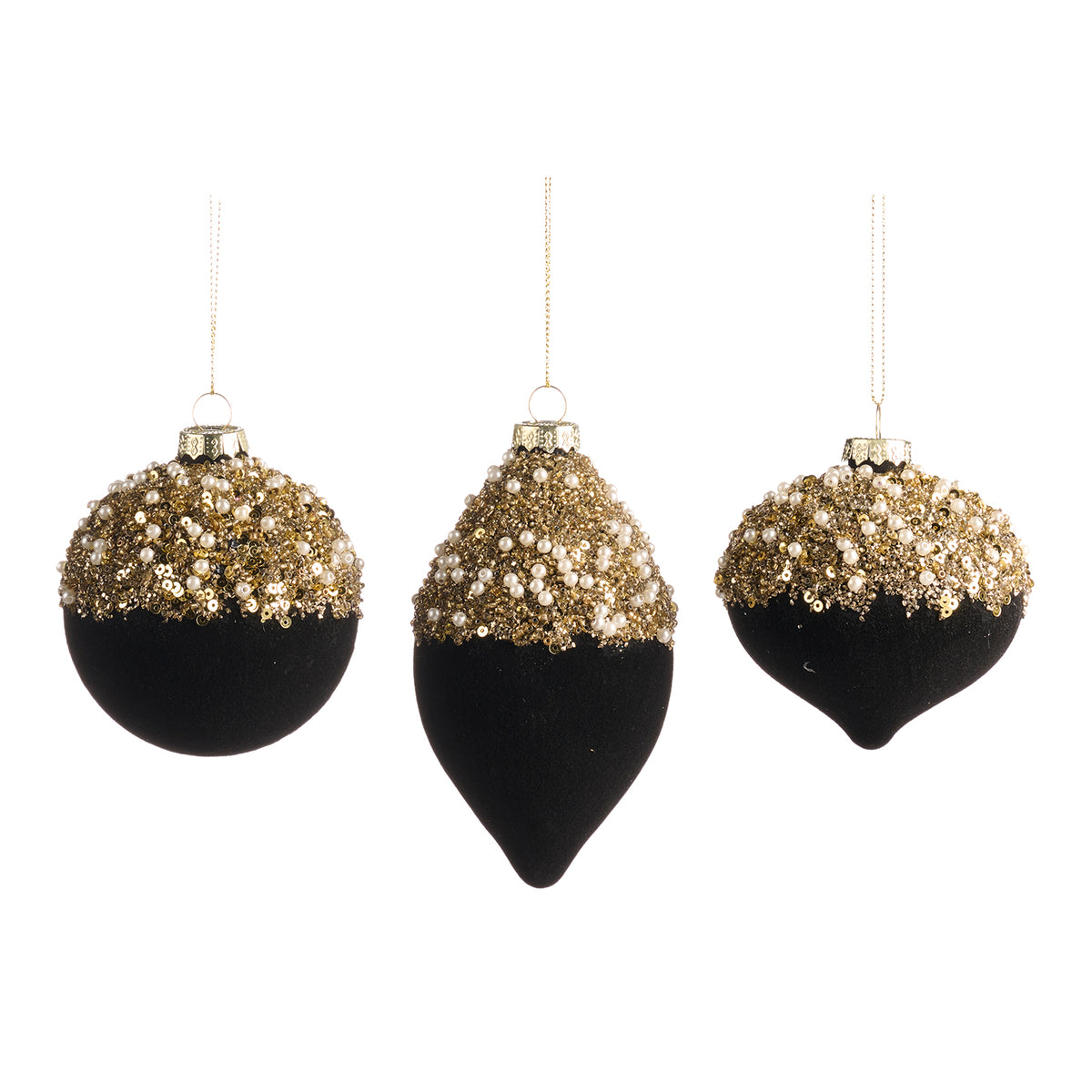 Set 3 globuri și ornamente alungite din sticlă, cu paiete și perle, negru/auriu, 8 cm