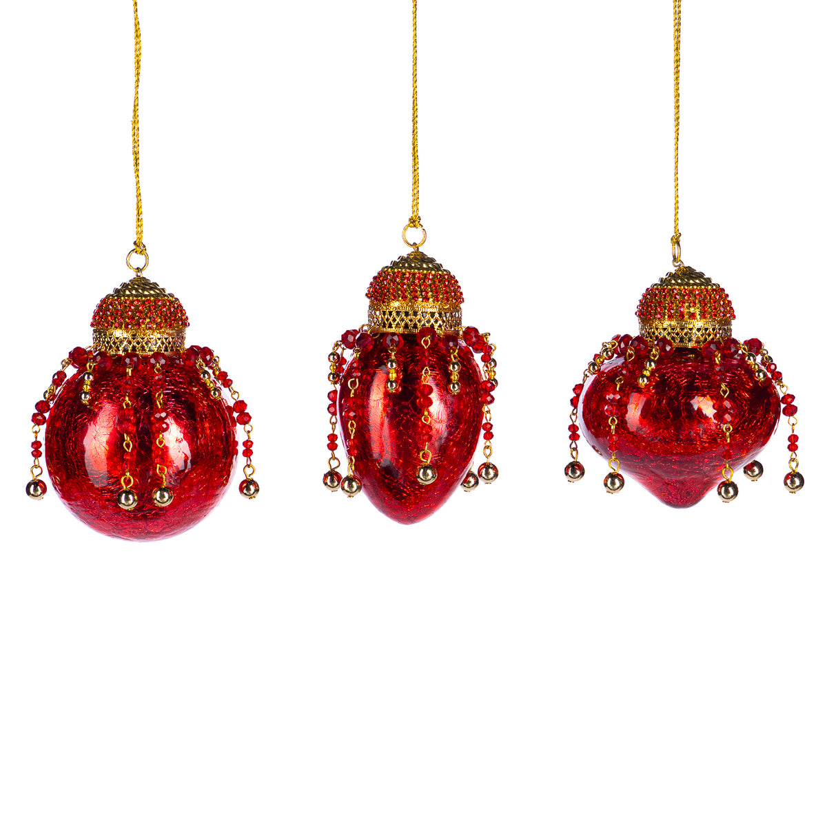 Set 3 globuri și ornamente alungite din sticlă cu pandantive din mărgele, roșu, 9 cm