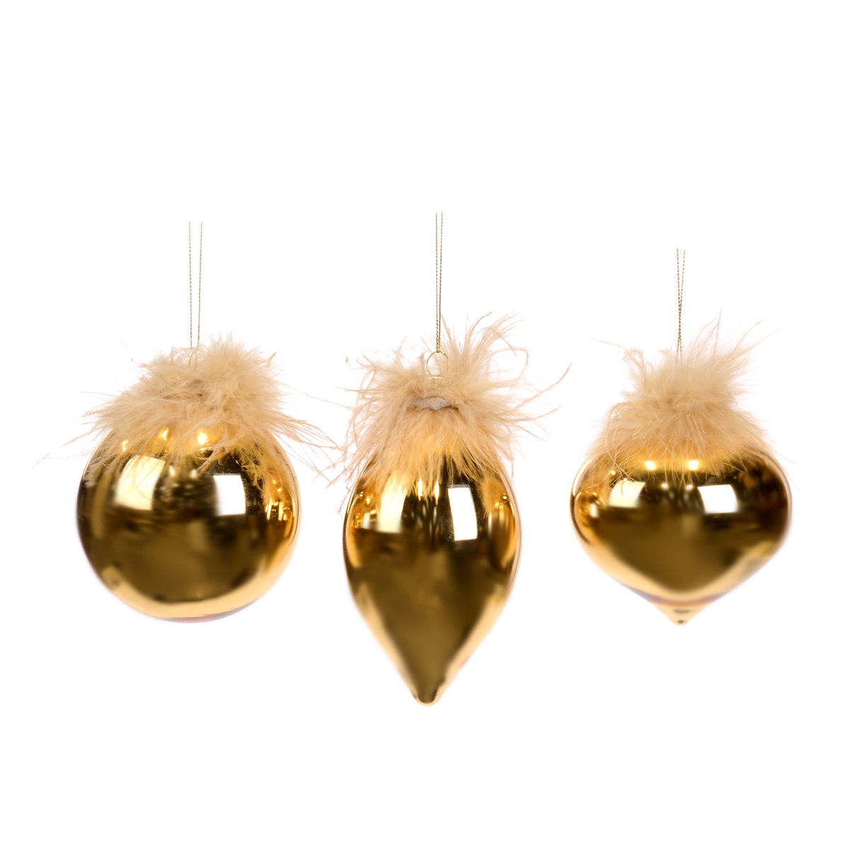 Set 3 globuri și ornamente alungite din sticlă cu pene în vârf, auriu, 10 cm