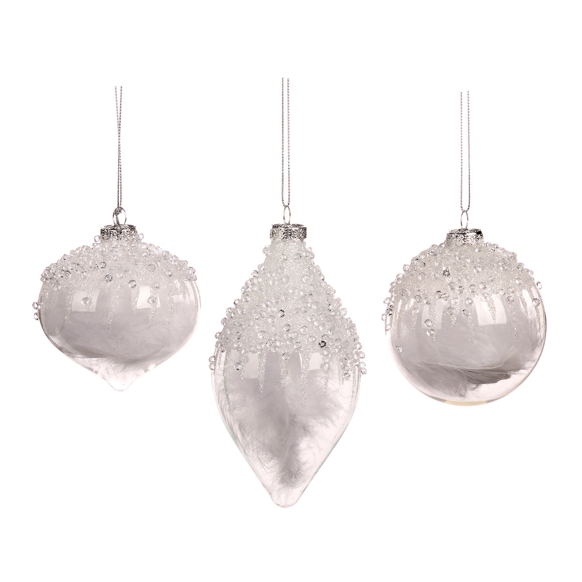 Set 3 globuri și ornamente alungite din sticlă cu pene și pietre în vârf, alb, 8 cm