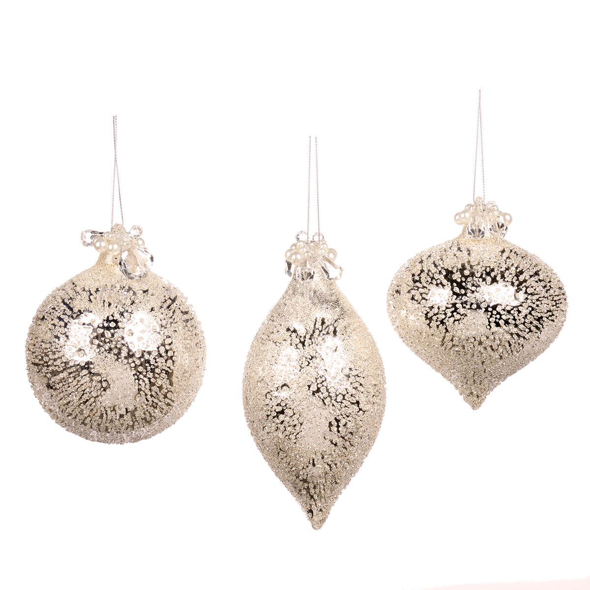 Set 3 globuri și ornamente alungite din sticlă cu perle deasupra, model crush, argintiu, 10 cm