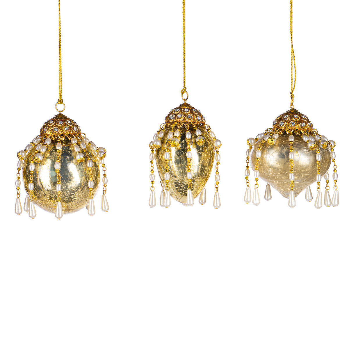 Set 3 globuri și ornamente alungite din sticlă cu perle pandantiv, auriu, 9 cm