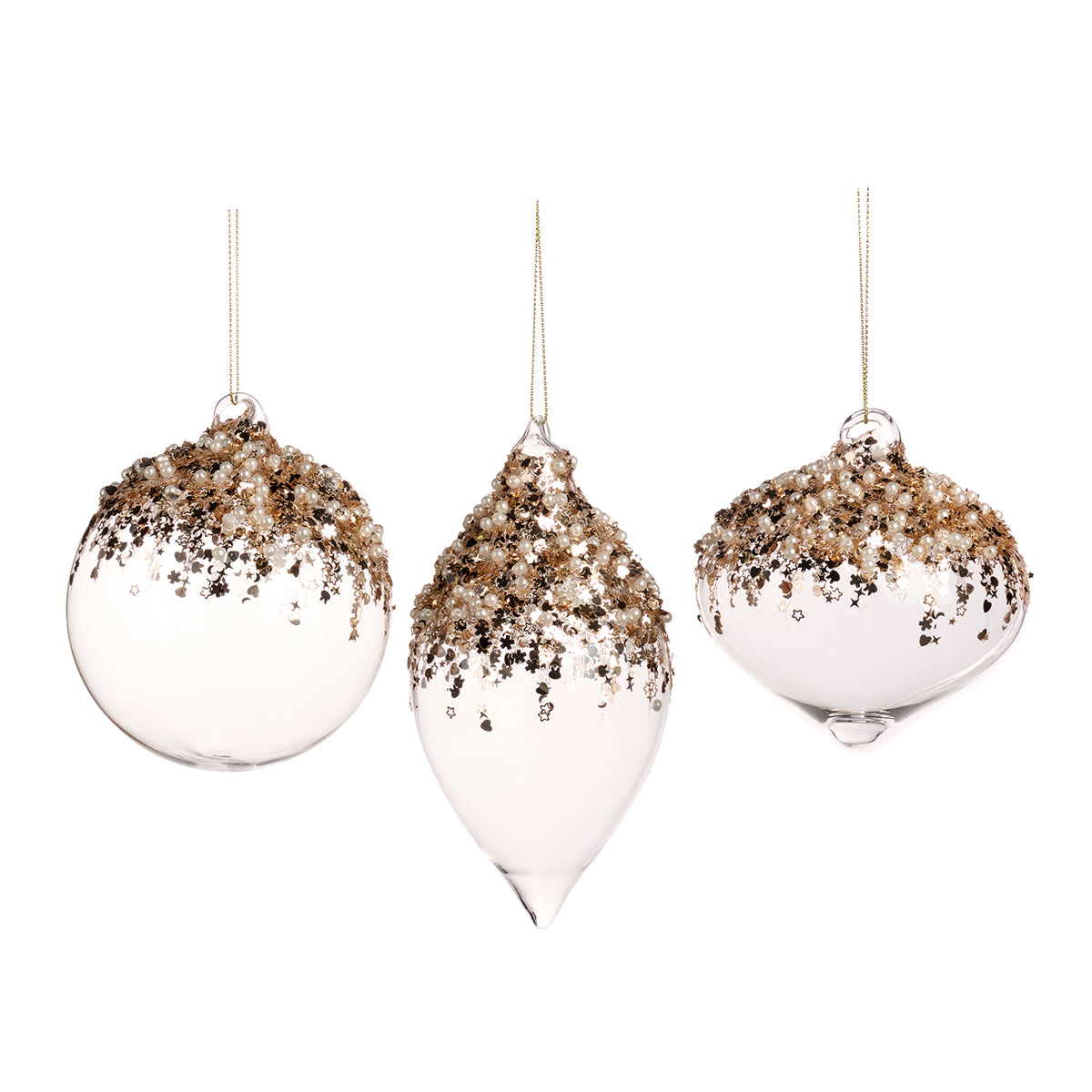 Set 3 globuri și ornamente alungite din sticlă cu perle și vârf din folie, auriu/transparent, 10 cm