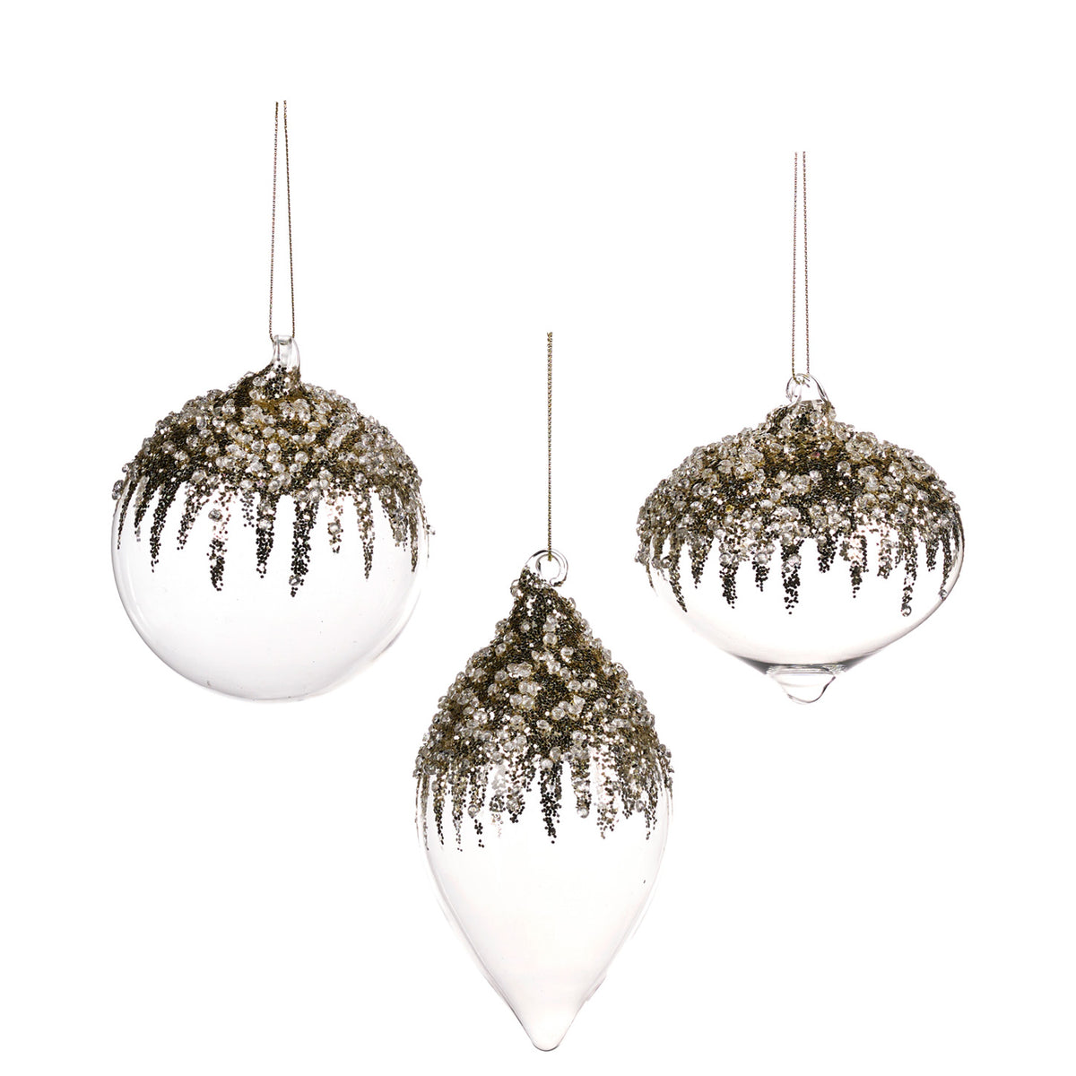 Set 3 globuri și ornamente alungite din sticlă cu pietre deasupra, auriu/transparent, 10 cm