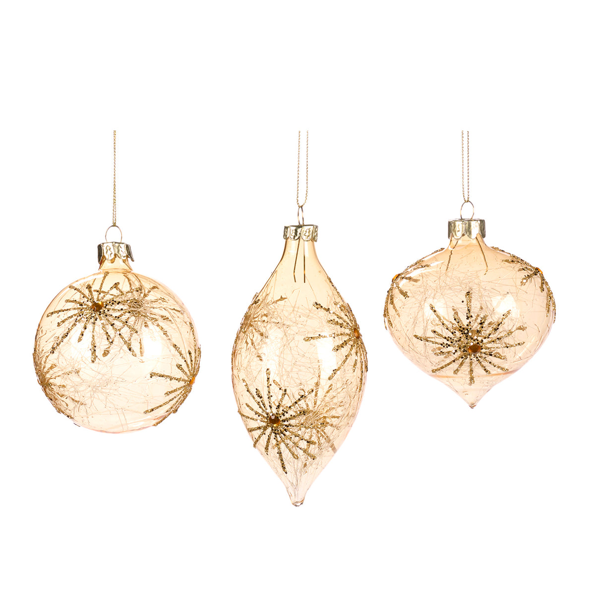 Set 3 globuri și ornamente alungite din sticlă cu pietre în model radiant, auriu, 8 cm