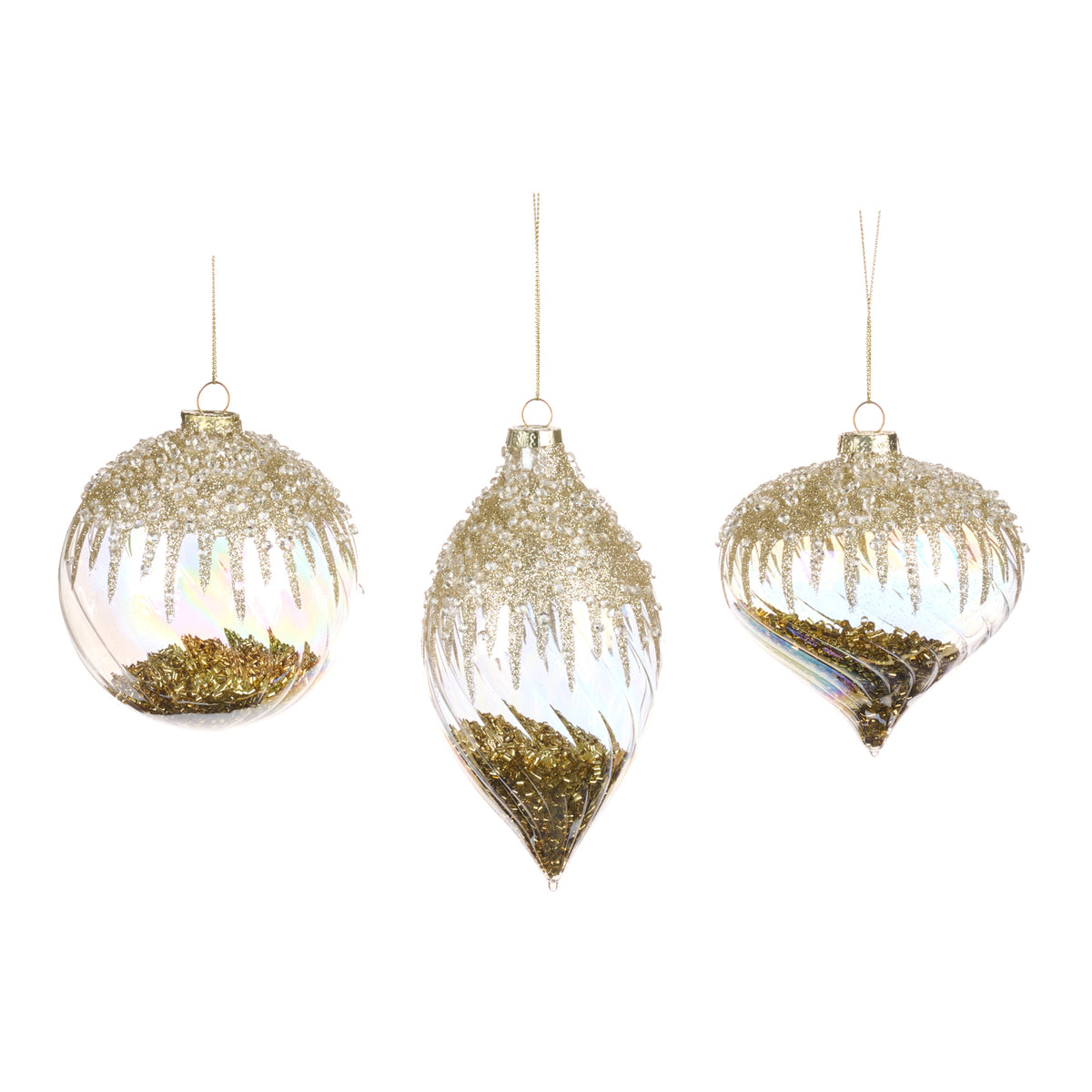 Set 3 globuri și ornamente alungite din sticlă cu pietre și sclipici sus, transparent/auriu, 10 cm
