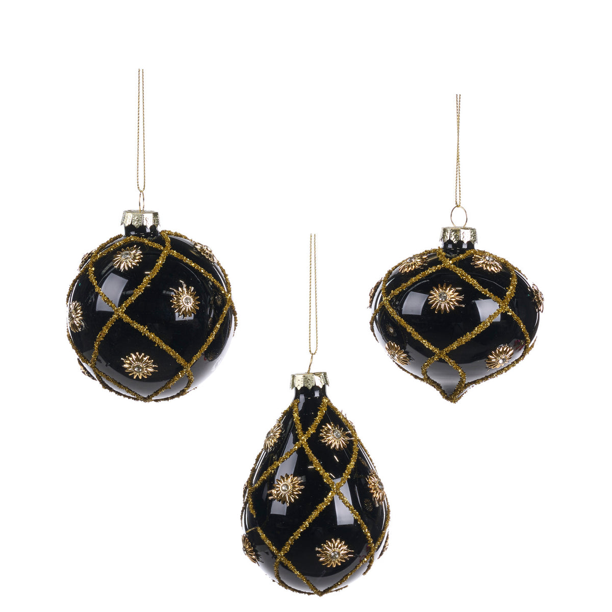 Set 3 globuri și ornamente alungite din sticlă, cu plasă și stele, negru/auriu, 8 cm