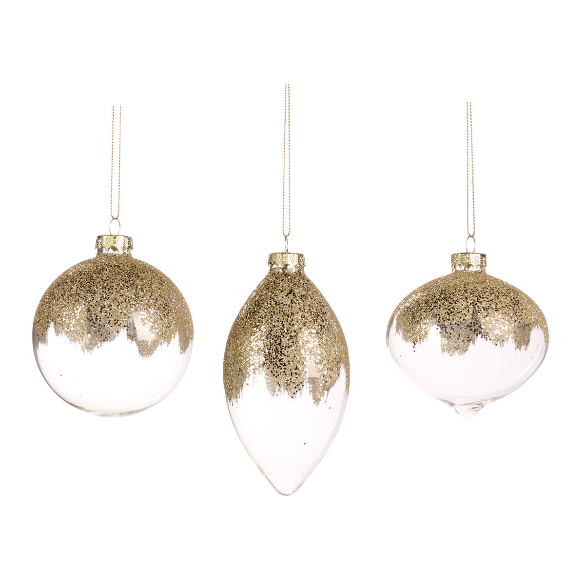 Set 3 globuri și ornamente alungite din sticlă, cu sclipici deasupra, auriu/transparent, 8 cm